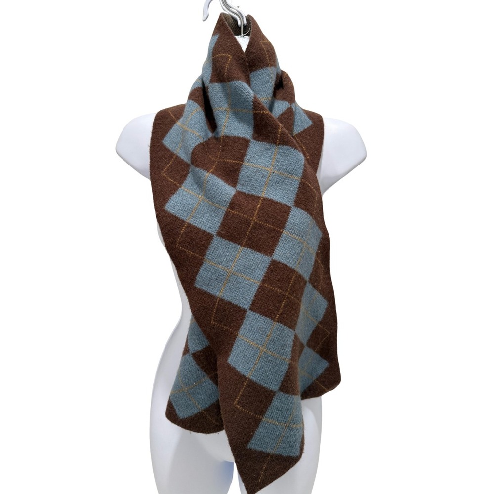 Argyle Knit Scarf Brown Blue One Size Unisex Winter Preppy Academia Cozy